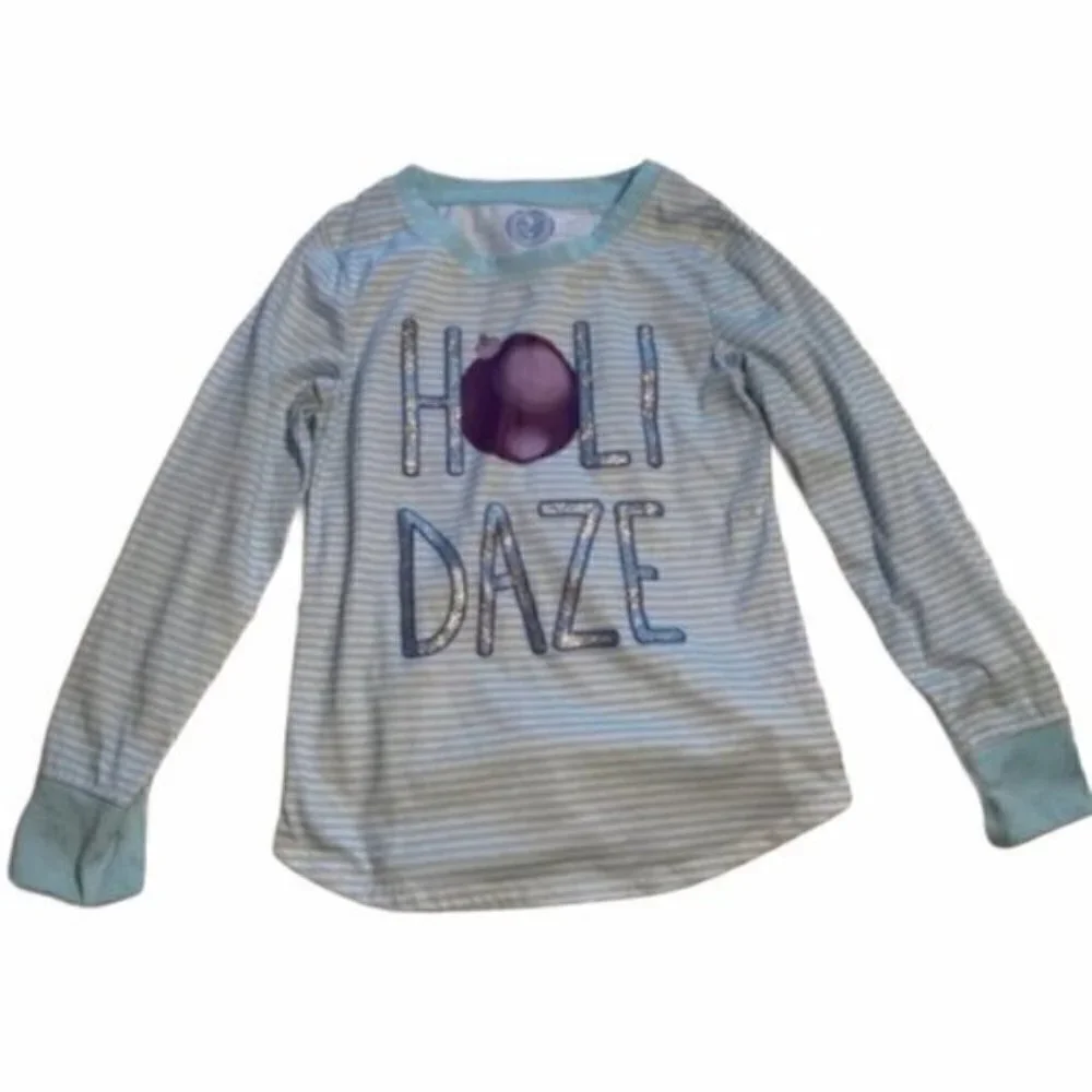 So Girls Size 7/8 Long Sleeve Pajama Shirt Blue White Stripes Holidaze Silver